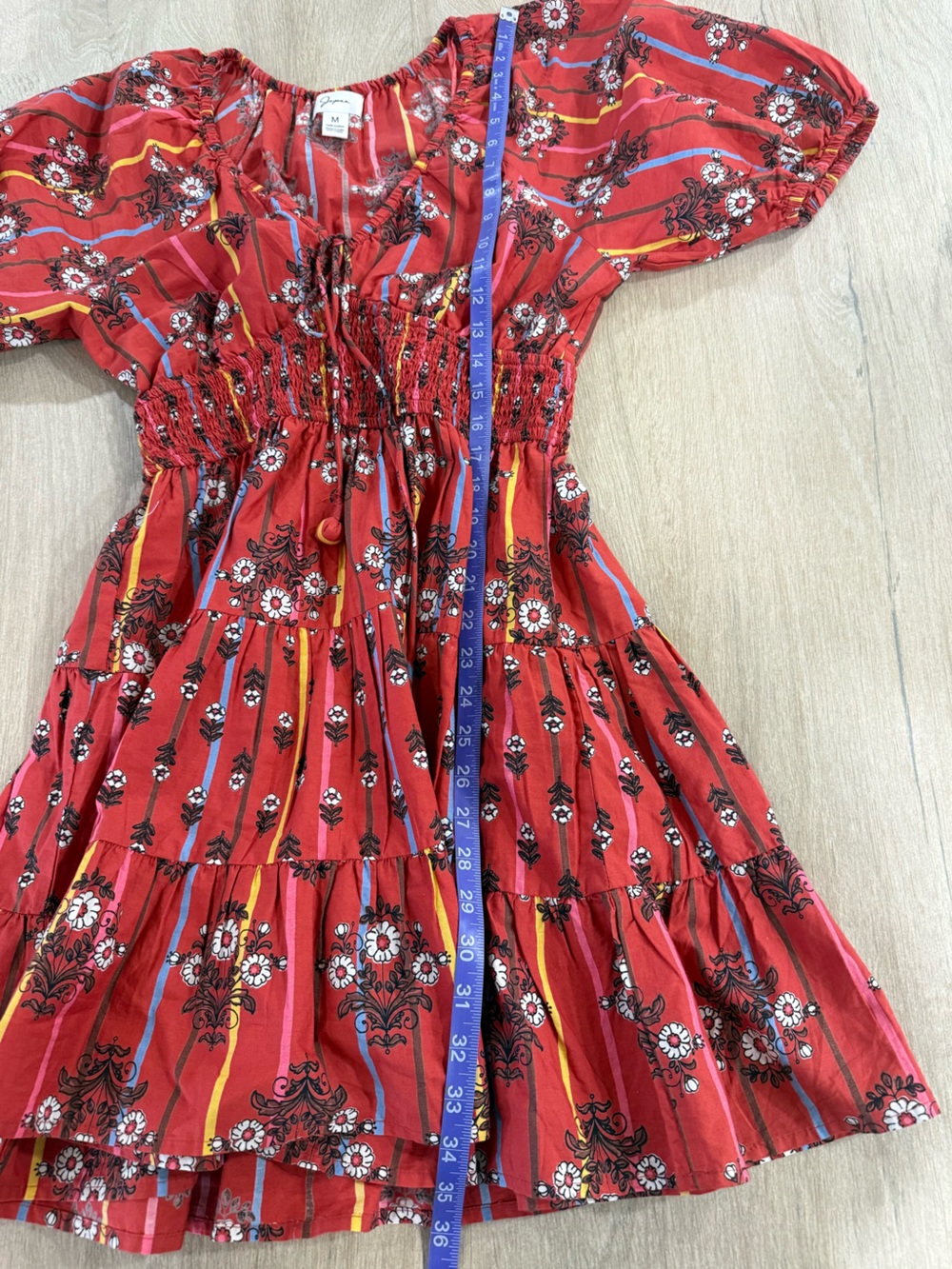 Japna Red Floral Puff Sleeve Smocked Cotton Mini Dress M Boho Fall Festival - Picture 4 of 6